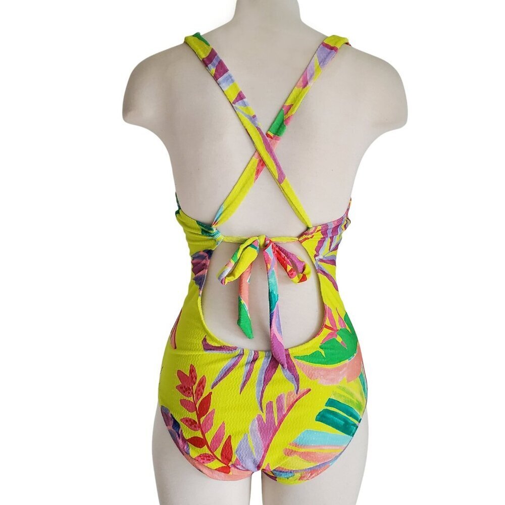 Becca Rebecca Virtue Costa Bella Yellow Tropical Print Plunge One Piece Swimsuit - Picture 3 of 16